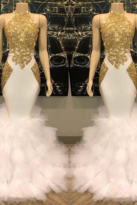 Chic White And Gold Mermaid Prom Dress Sequins High Collar Chiffon Long