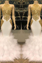 Chic White And Gold Mermaid Prom Dress Sequins High Collar Chiffon Long