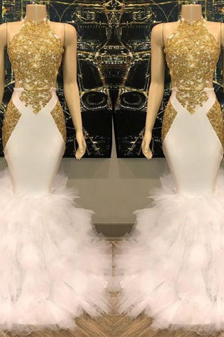 Elegante vestido de sirena blanco y dorado para baile de graduación, con lentejuelas, cuello alto y largo de gasa.