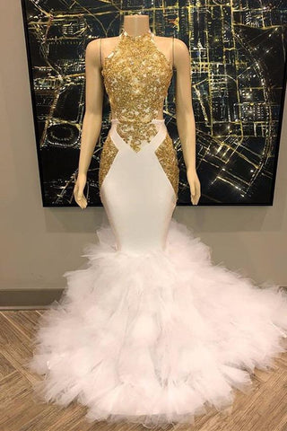 Elegante vestido de sirena blanco y dorado para baile de graduación, con lentejuelas, cuello alto y largo de gasa.