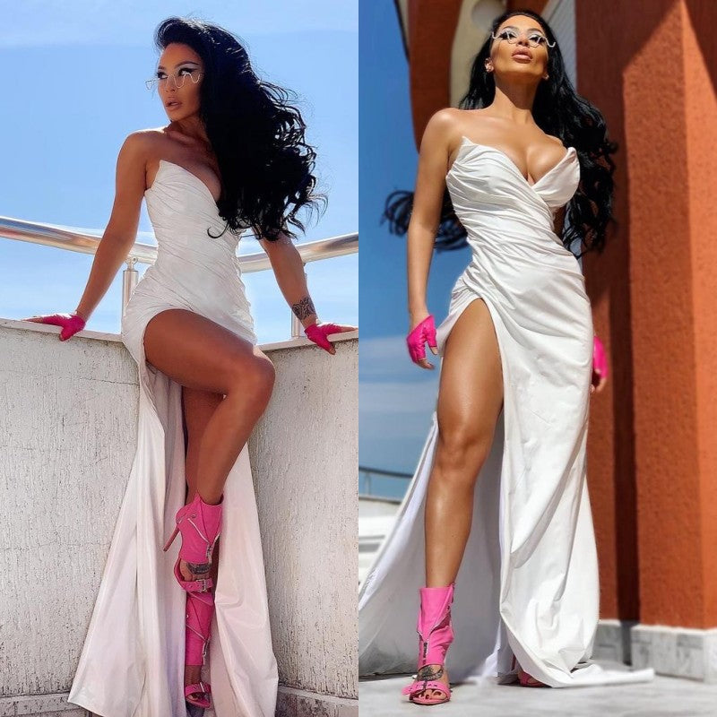 Robe de bal longue blanche chic fendue en solde, taille haute