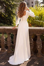 Robe de mariée longue en satin blanc chic à manches longues et coupe trapèze 