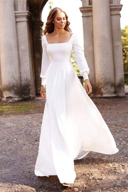 Robe de mariée longue en satin blanc chic à manches longues et coupe trapèze 
