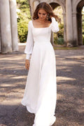 Robe de mariée longue en satin blanc chic à manches longues et coupe trapèze 