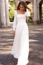 Robe de mariée longue en satin blanc chic à manches longues et coupe trapèze 