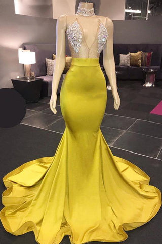 Robes de bal chics jaunes sans manches en tulle transparent orné de cristaux, nouveauté sirène, robes de soirée formelles