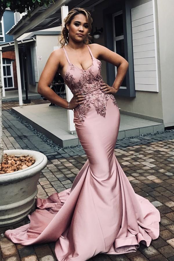 Chicable Spaghetti-Strapss Appliques Chic Mermaid Prom Dresses Trendy Crossed Shoulder strap Long Evening Dresses