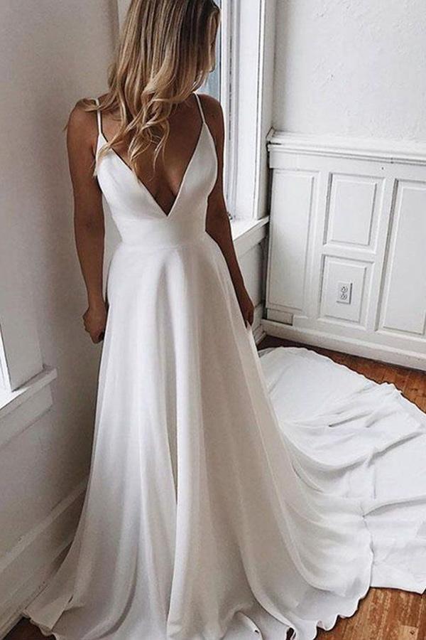 Robe de mariée en mousseline de soie, coupe trapèze, col en V, bretelles spaghetti en dentelle et traîne courte WD343