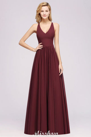 Robes de demoiselle d'honneur trapèze en mousseline et dentelle | Robes de demoiselle d'honneur longues sans manches à col en V