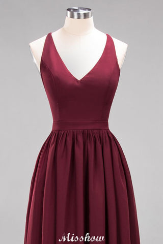 Robes de demoiselle d'honneur trapèze en mousseline et dentelle | Robes de demoiselle d'honneur longues sans manches à col en V