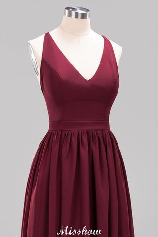 Robes de demoiselle d'honneur trapèze en mousseline et dentelle | Robes de demoiselle d'honneur longues sans manches à col en V