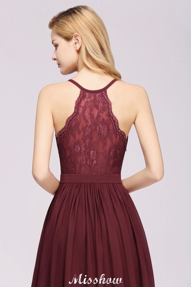 Vestidos de dama de honor de corte A en gasa y encaje | Vestidos largos hasta el suelo para dama de honor con escote en V y sin mangas