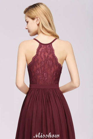 Robes de demoiselle d'honneur trapèze en mousseline et dentelle | Robes de demoiselle d'honneur longues sans manches à col en V