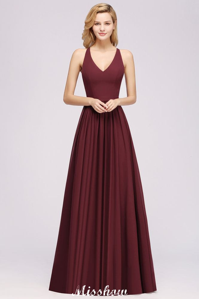 Vestidos de dama de honor de corte A en gasa y encaje | Vestidos largos hasta el suelo para dama de honor con escote en V y sin mangas