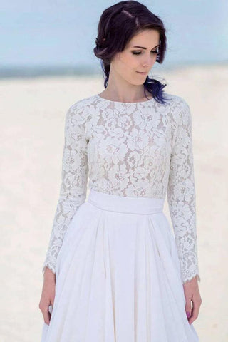 Vestido de novia/boda de playa blanco con cremallera, manga larga, encaje y gasa WD451