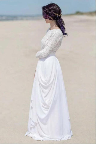 Vestido de novia/boda de playa blanco con cremallera, manga larga, encaje y gasa WD451