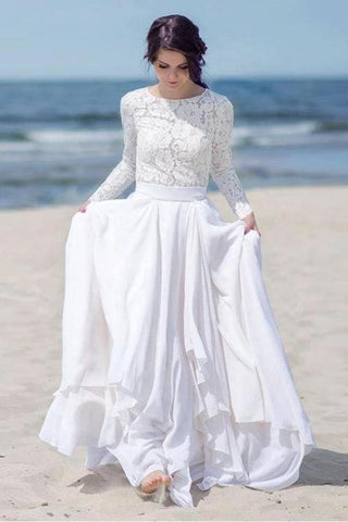 Vestido de novia/boda de playa blanco con cremallera, manga larga, encaje y gasa WD451