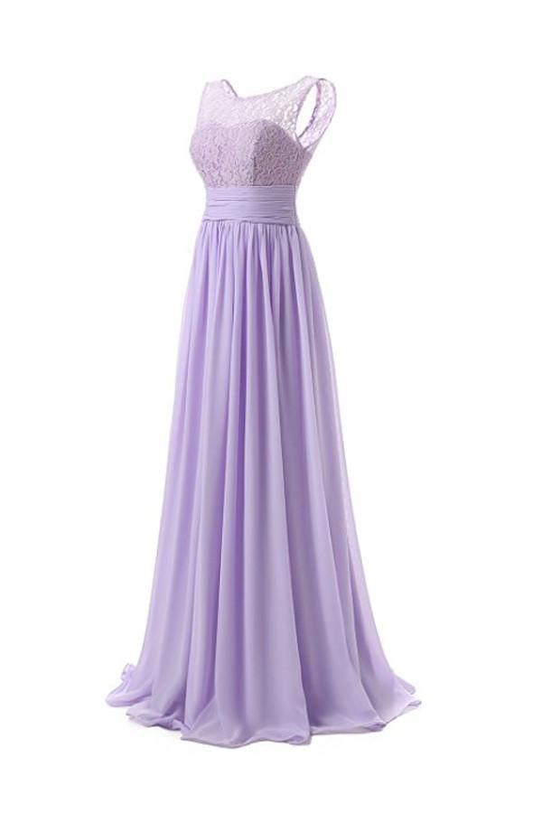 Vestido largo de gasa para baile de graduación, vestido de dama de honor con escote redondo y encaje PG 204