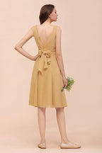 Vestido corto de gasa dorado para dama de honor, estilo casual diario, sin mangas, escote en V