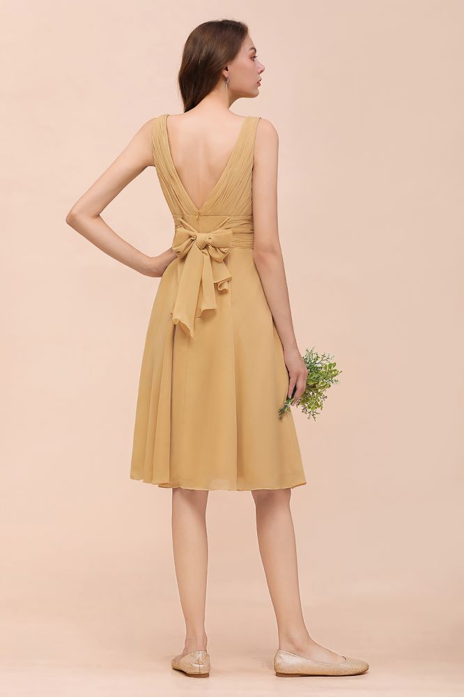 Vestido corto de gasa dorado para dama de honor, estilo casual diario, sin mangas, escote en V