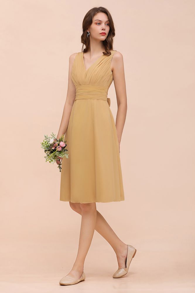 Vestido corto de gasa dorado para dama de honor, estilo casual diario, sin mangas, escote en V