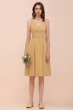 Vestido corto de gasa dorado para dama de honor, estilo casual diario, sin mangas, escote en V