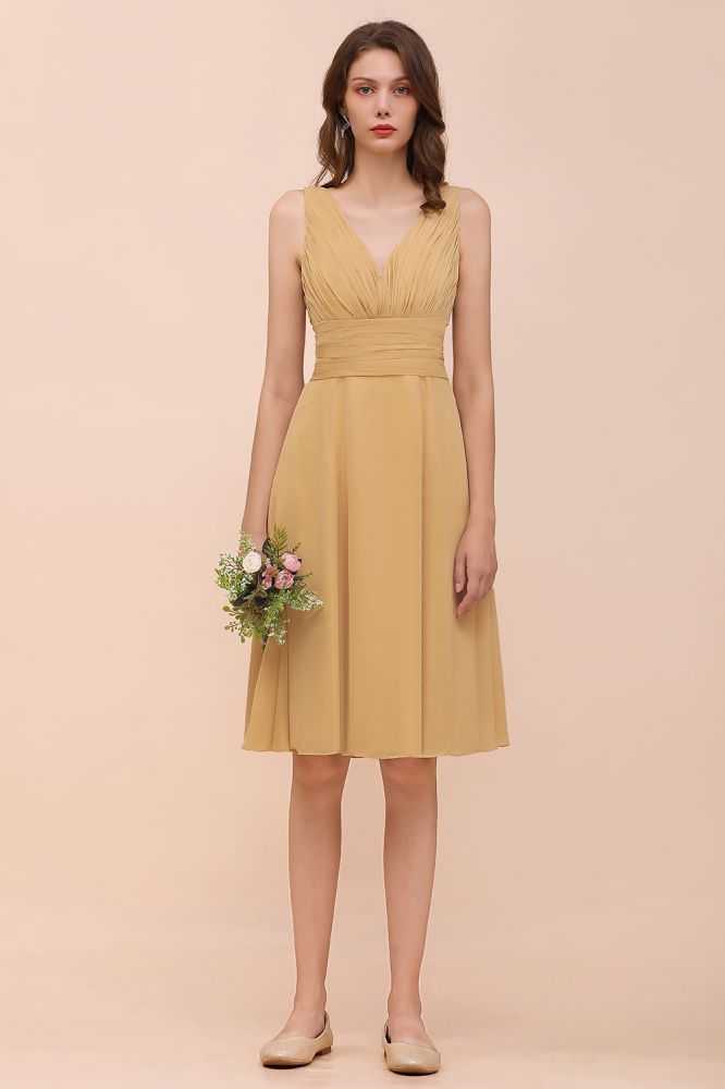 Vestido corto de gasa dorado para dama de honor, estilo casual diario, sin mangas, escote en V