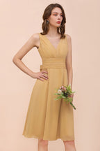 Vestido corto de gasa dorado para dama de honor, estilo casual diario, sin mangas, escote en V