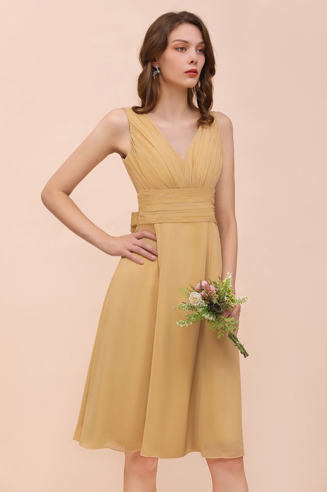 Vestido corto de gasa dorado para dama de honor, estilo casual diario, sin mangas, escote en V