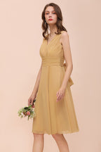 Vestido corto de gasa dorado para dama de honor, estilo casual diario, sin mangas, escote en V