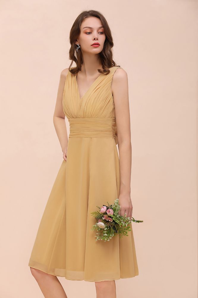 Vestido corto de gasa dorado para dama de honor, estilo casual diario, sin mangas, escote en V