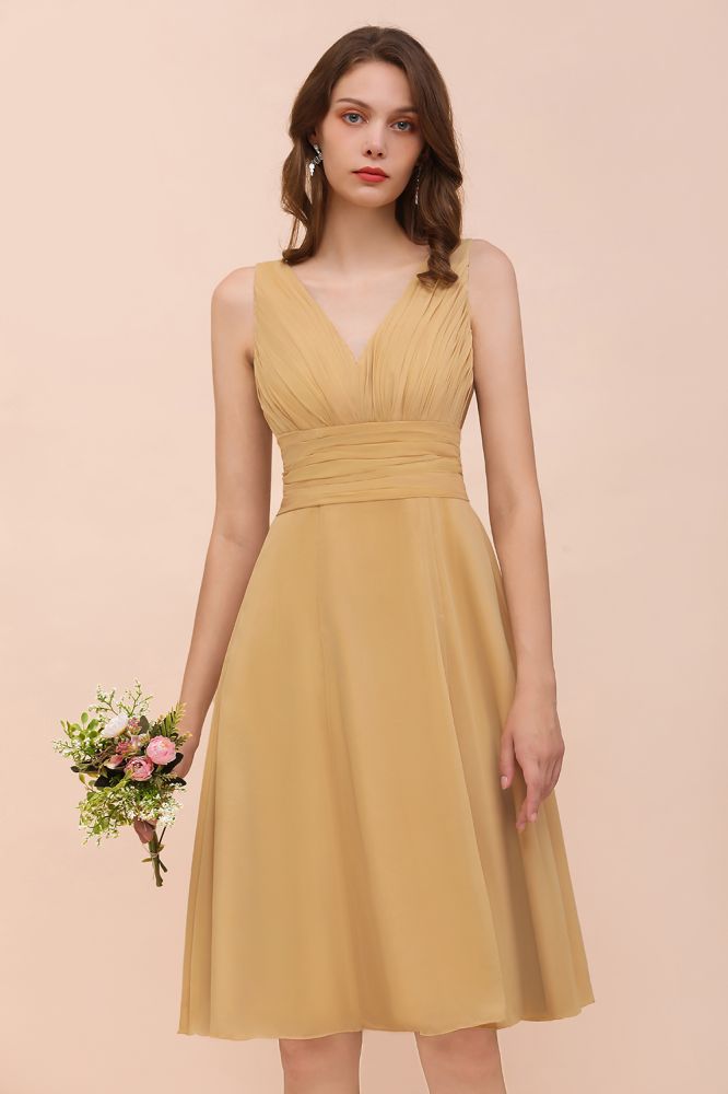 Vestido corto de gasa dorado para dama de honor, estilo casual diario, sin mangas, escote en V