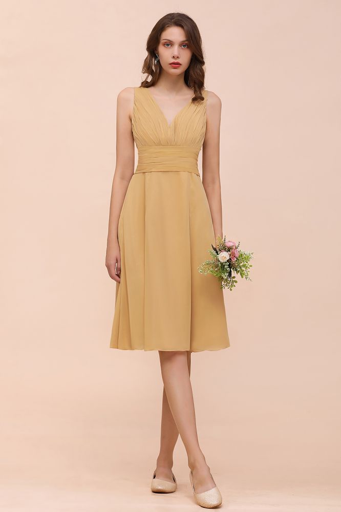 Vestido corto de gasa dorado para dama de honor, estilo casual diario, sin mangas, escote en V