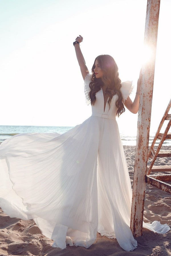 Robe de mariée d'été pour la plage, manches à volants en mousseline, col en V, idéale pour la plage