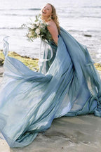 Robe de mariée rustique en mousseline, robe de mariée de plage avec traîne courte WD475