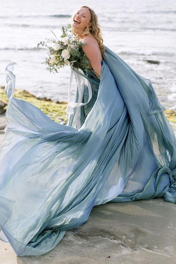 Robe de mariée rustique en mousseline, robe de mariée de plage avec traîne courte WD475