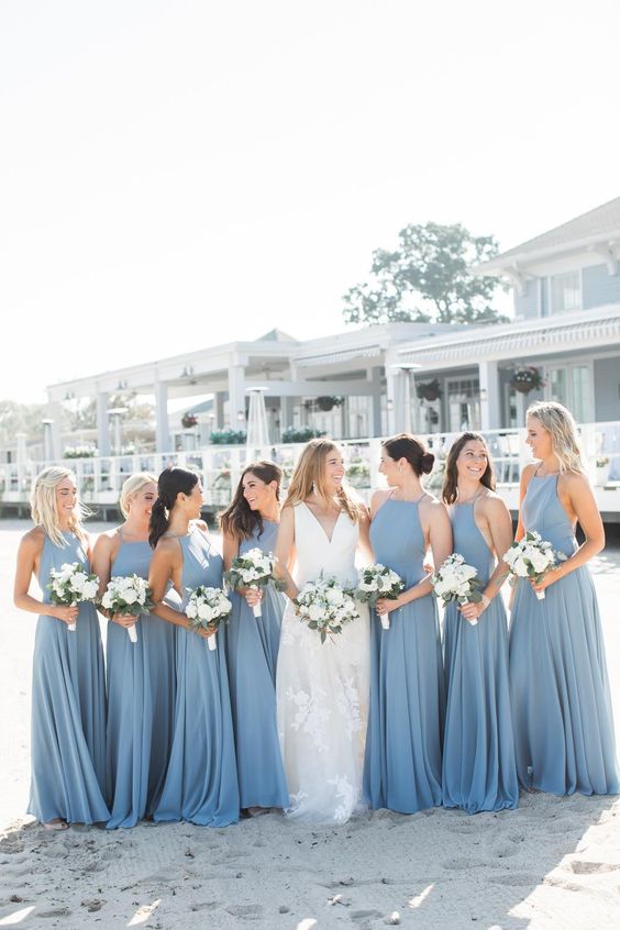 Baoleely Simple Sheath Ruffles Long Dusty Blue Bridesmaid Dresses under 100