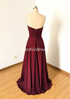 Vestido de dama de honor burdeos con escote corazón, vestido largo de gasa para invitada de boda