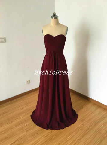 Vestido de dama de honor burdeos con escote corazón, vestido largo de gasa para invitada de boda