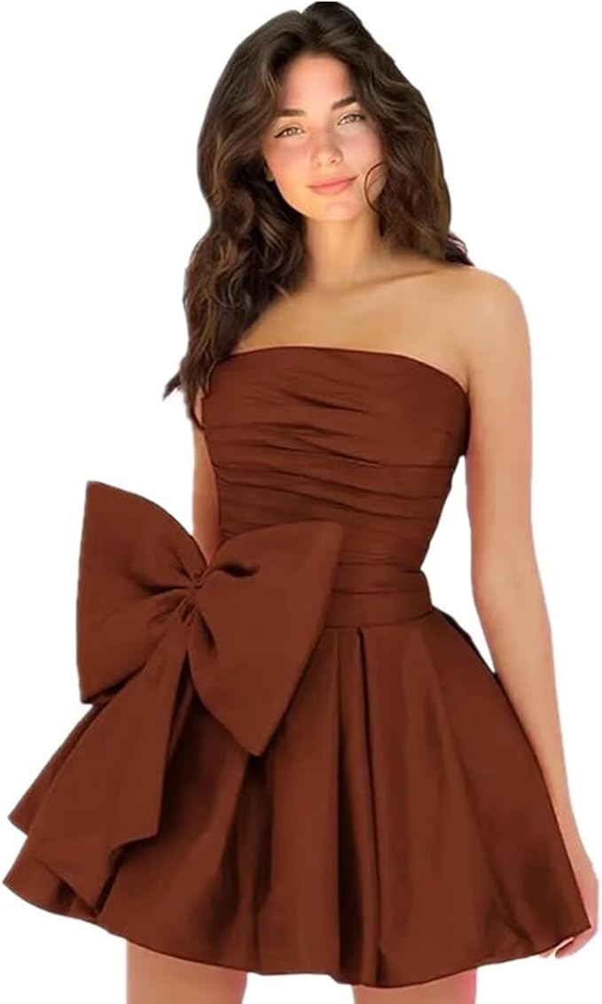 Robes de soirée courtes et chics pour le bal de promo, coupe trapèze, sans manches, bustier, froncées, lacées et ornées d'un nœud.