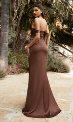 Draped Off Shoulder Gown With Slit