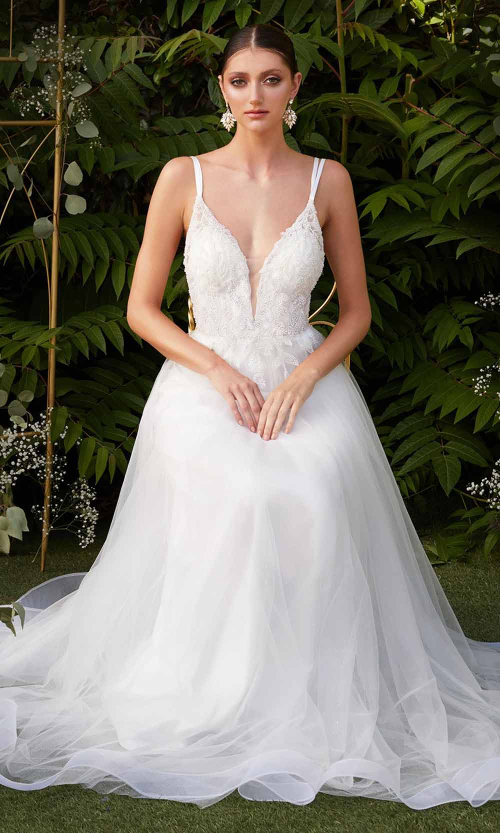 Appliqued Deep V-Neck Layered Tulle Dress