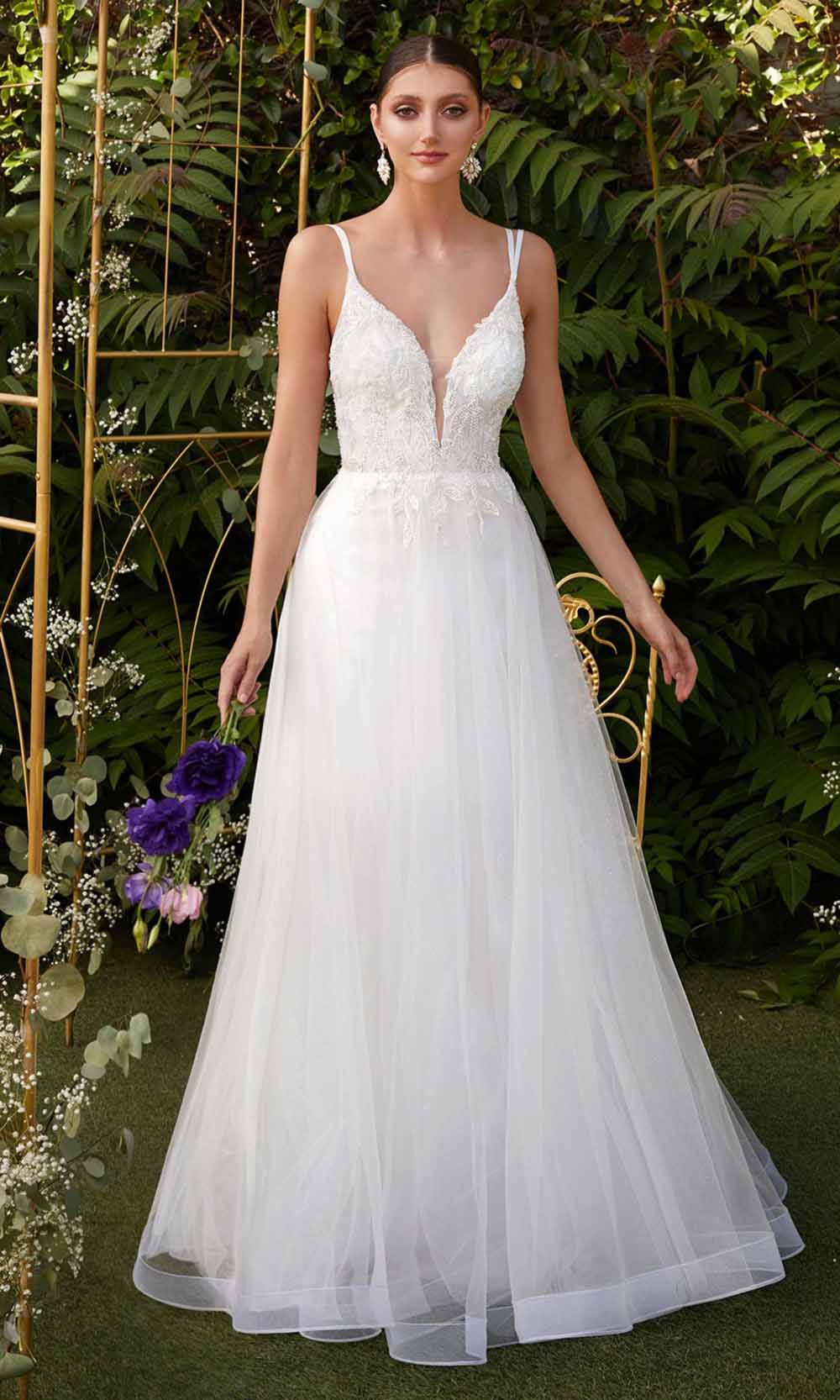 Appliqued Deep V-Neck Layered Tulle Dress