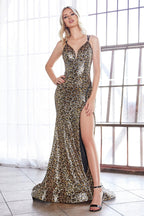 Vestido de gala formal con tirantes largos y estampado de leopardo