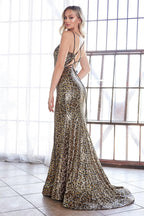 Vestido de gala formal con tirantes largos y estampado de leopardo