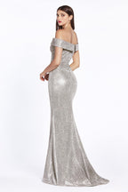 Long Formal Off Shoulder Metallic Prom Dress