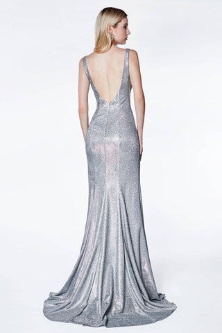 Vestido largo metálico de fiesta con abertura sexy