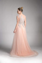 Cinderella Divine - Sheer Scoop Beaded Tulle A-Line Evening Gown