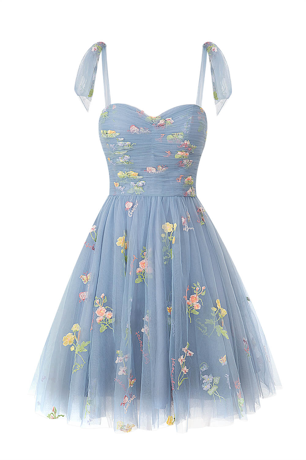 Vestido corto de tul con escote corazón y estampado floral para baile de bienvenida