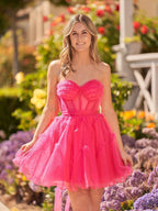 Vestido de fiesta de bienvenida sin tirantes de tul fucsia de corte en A